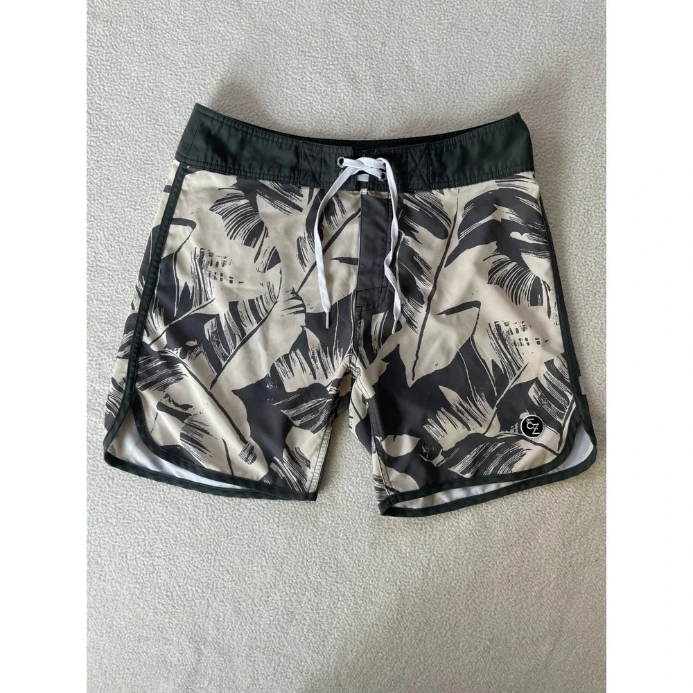 Ezekiel Mens 32 Board Shorts Tan Black Tropical Palm Leaf Print Surf Swim